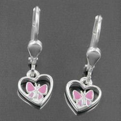 Earring Heart with Butterfly pink, Silver 925