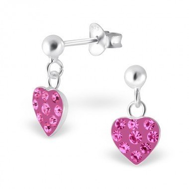 Stud Heart hanging pink crystal, Silver 925