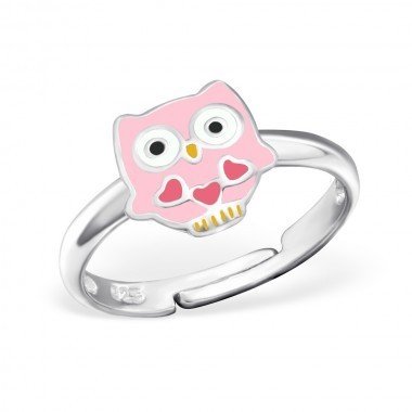 Kids Ring size adjustable Owl pink, Silver 925